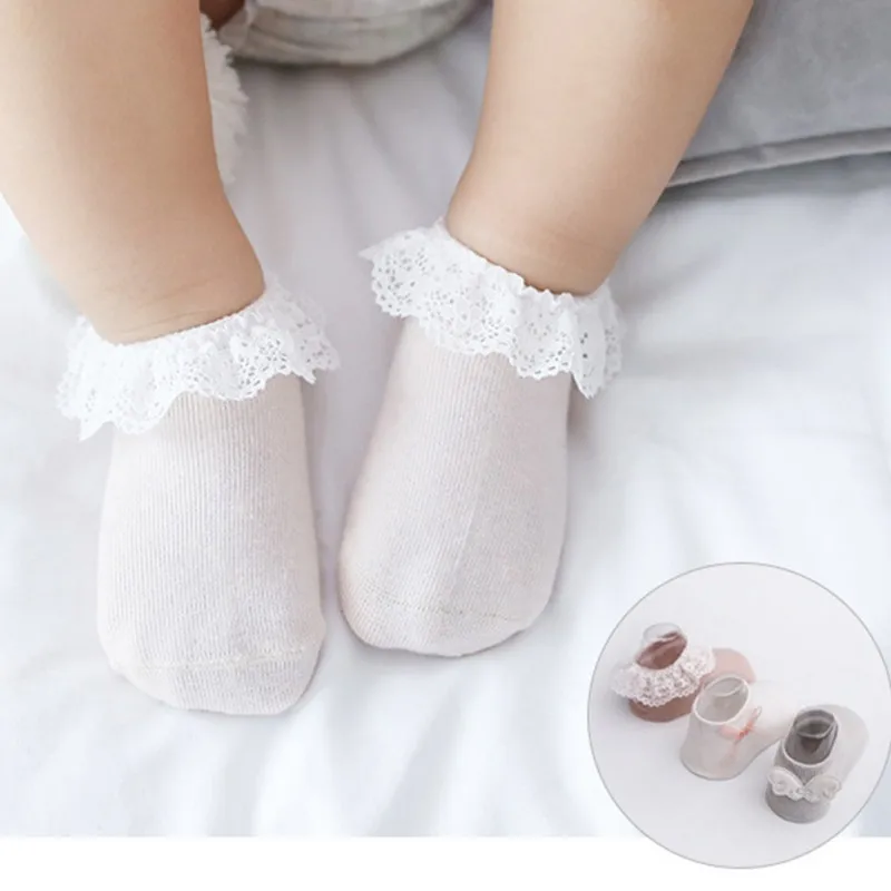 Calcetines cortos de algod&oacute;n para ni&ntilde;os y ni&ntilde;as, medias antideslizantes y transpirables con lazo de encaje, 3 unidades-1