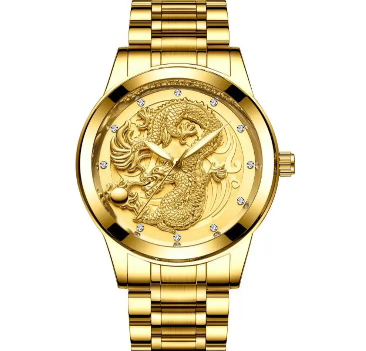 FNGEEN золотые часы китайский Дракон узор мужские из нержавеющей стали ремень