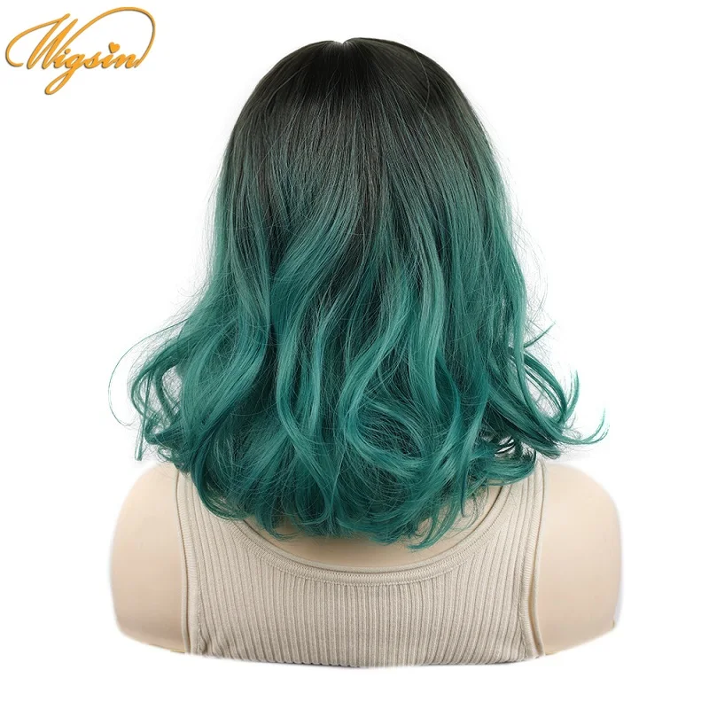 

WIGSIN Synthetic Short Wave Curly Wig With Neat Bangs Natural Black Gradient Green Cosplay Wigs for Women