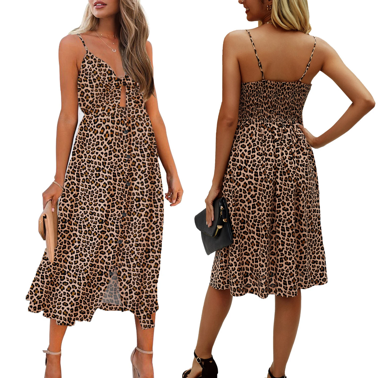 

Женское летнее Повседневное платье на бретелях, модное леопардовое Бандажное платье средней длины с открытой спиной