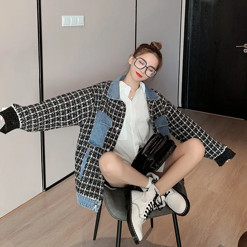 SuperAen клетчатое повседневное джинсовое пальто в стиле пэчворк женская Свободная