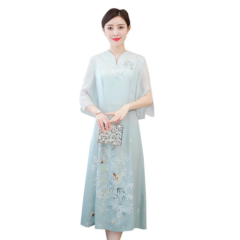 

COIGARSAM 4XL Plus Size Chinese Style Print Women dress New Dresses Cyan 8372