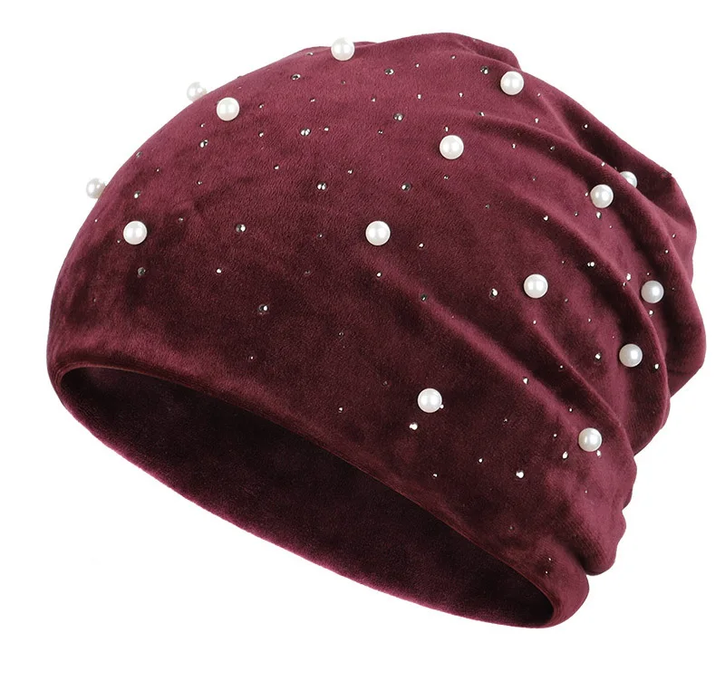 Горячая Распродажа 2019 модные однотонные женские шапочки Skullies Beanies с жемчугом