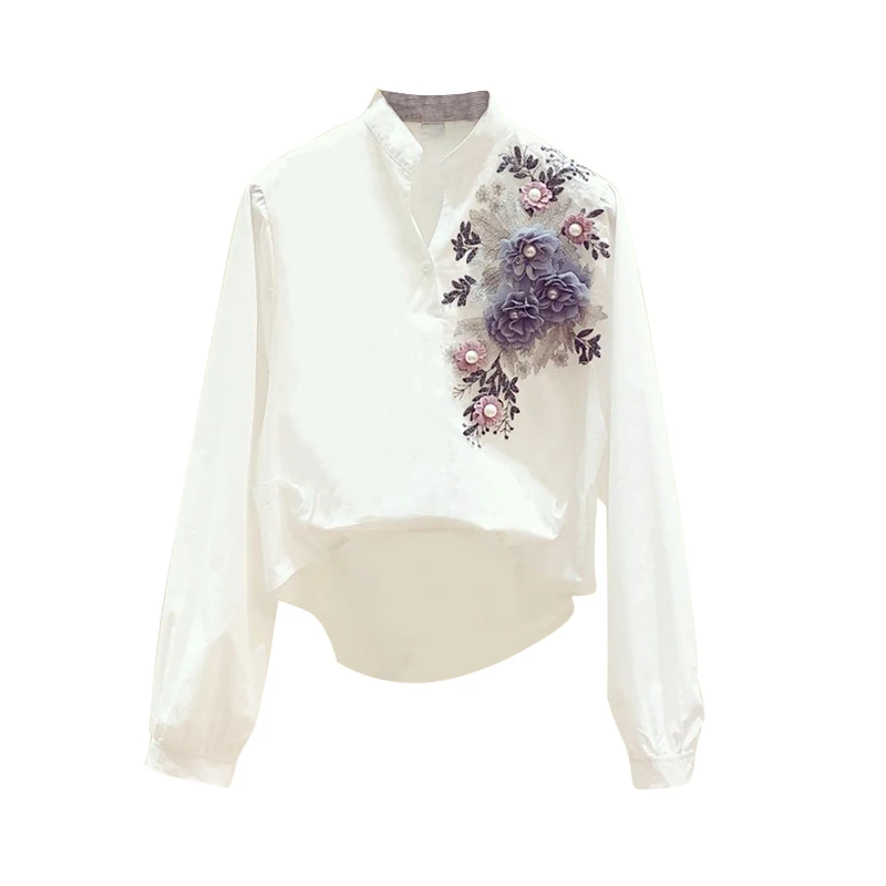 Цветочная вышивка женская блузка и рубашки v образный вырез хлопок с длинным