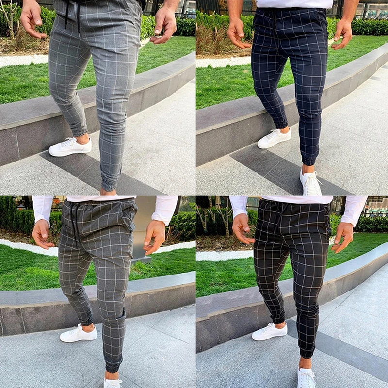 

2021 High Wasit Spring Summer Fashion Pocket Men's Slim Fit Plaid Straight Leg Trousers Casual Pencil Jogger Casual Pants