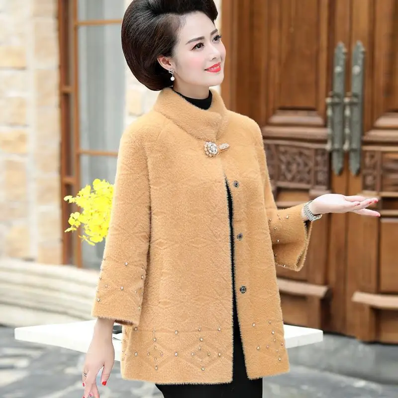 

Mid-aged Women Fashion Elegant Faux Mink Fur Coat Female Mandarin Collar Oversized Knit Overcoats Ladies Thick Warm Coats Z170