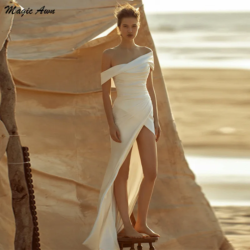 

Magic Awn Off The Shoulder Mermaid Wedding Dresses Beach Side Split Satin Boho Bridal Gowns Simple Customized Vestidos De Novia