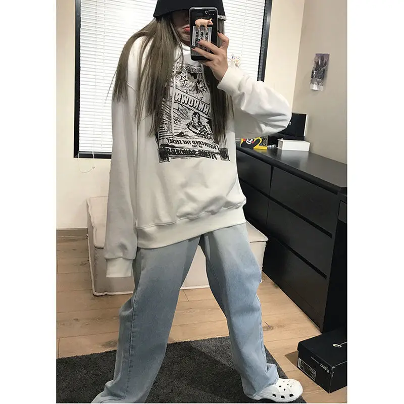 

High Waist Jeans Plus Size Gradient Jeans Women 100kg Light Blue Straight Loose Slim Wide Leg Pants Women