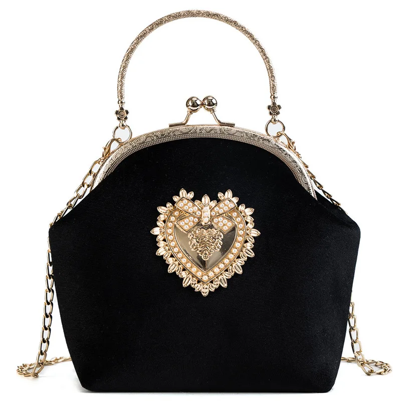 

Female Velvet Pearl Handbag Vintage Velour Heart Design Evening Bag Womens Wedding Party Bride Clutch Velour Purse Shoulder Bags