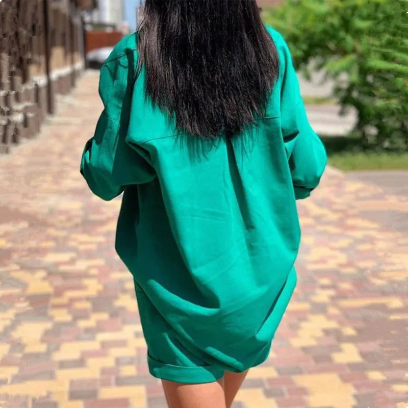 

2021 New Fashion Elegant Women Casual 2 piece Set Solid Color Long Sleeve Shirt & Pocket Design Shorts Set