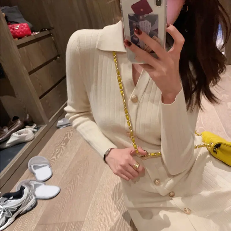 

Women's Suit Autumn and Winter Fashion Age-reducing Light Mature Wind Plush Cardigan Western Style Long Knitted Dress Two-piece