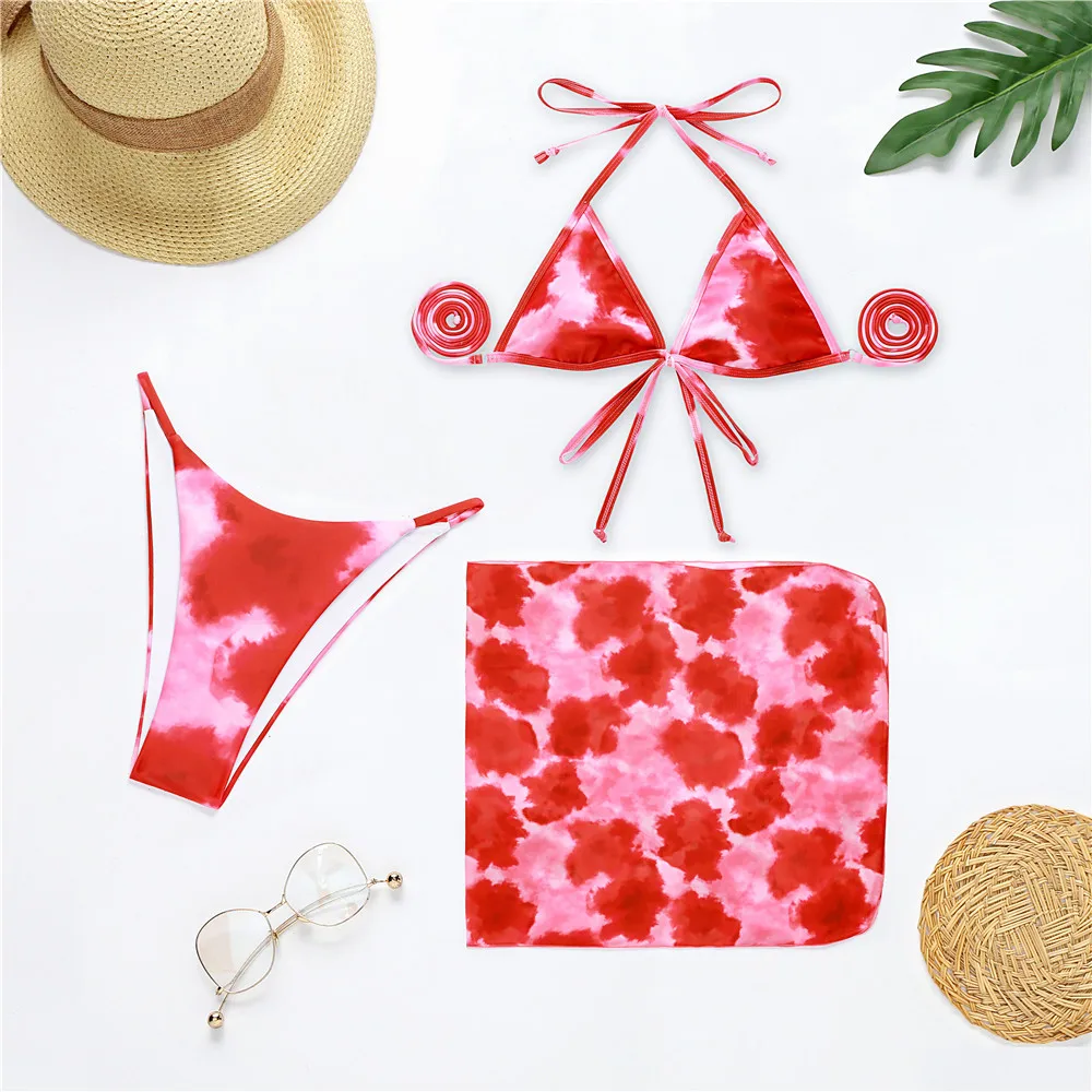 

Women Bikini With Cover Up 3 Piece Set Red Tie Dye Women'S Swimwear 2021 New Bandage Brazilian Swimsuit Bathing suit Beachwear
