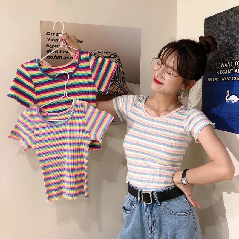 

Женская футболка в полоску, новинка 2021, универсальный Радужный свитер с коротким рукавом в Корейском стиле для студентов, облегающий Топ