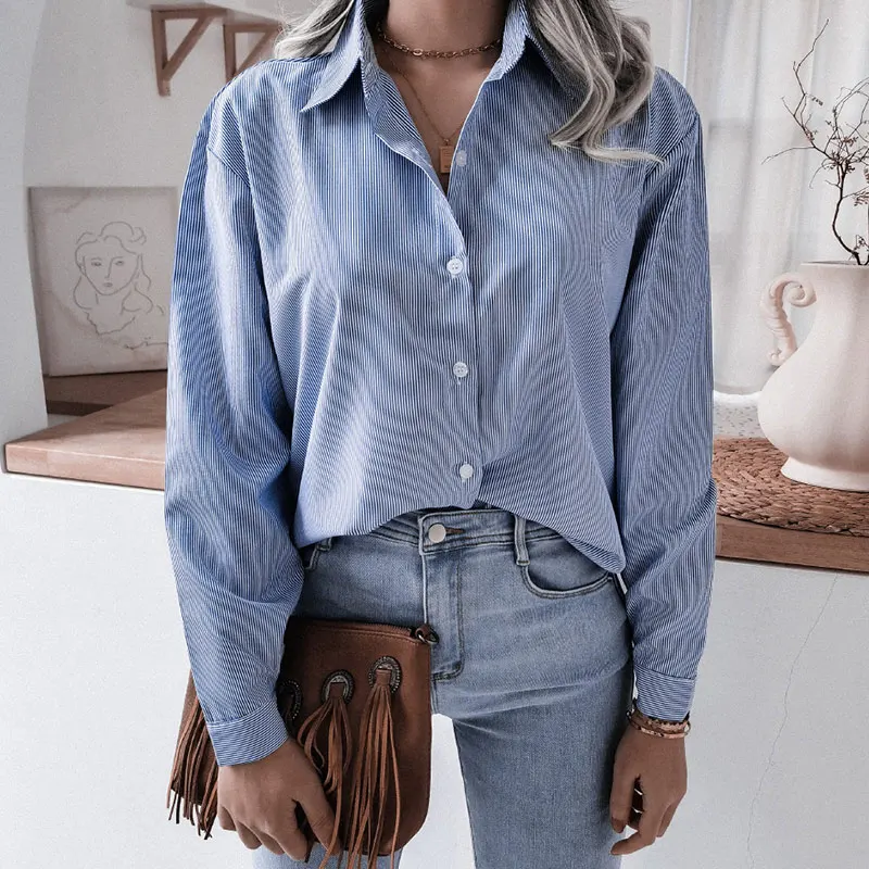 

Surdimensionne a Manches Longues femmes Blouse Decontractee 4XL Col Rabattu Bleu Rayures Simple Boutonnage Bureau Dame 2021