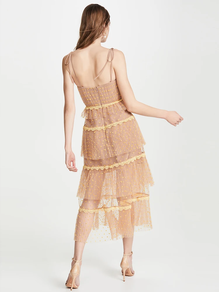 Женское плиссированное платье топ в горошек летнее с контрастной многослойной