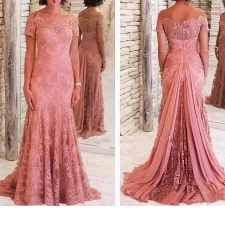 Розовый ChiffonRuffles Кружева Мать платье Русалка для невесты свадьбы размера плюс