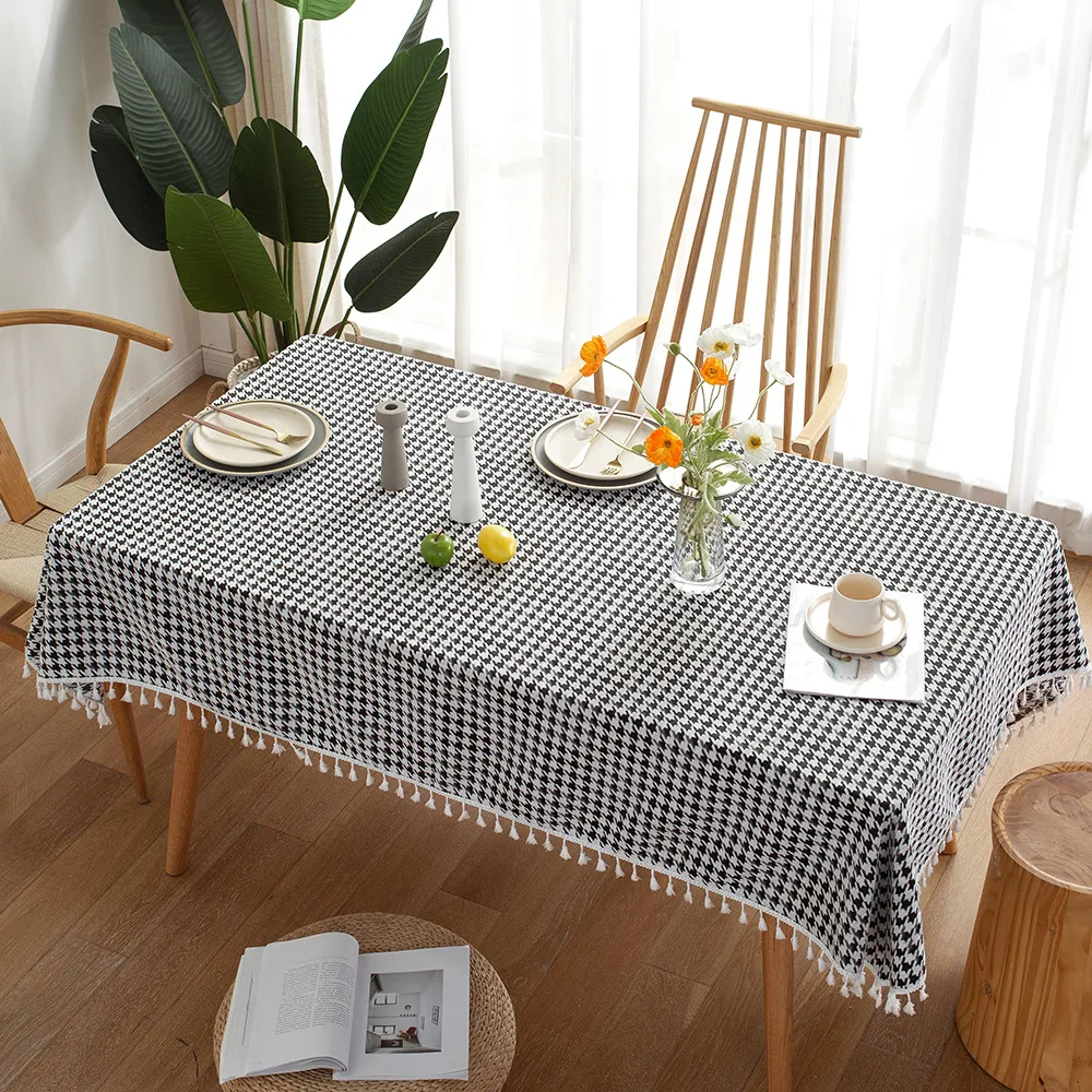 

Cotton Linen Tablecloth Houndstooth Tassel Thicken Home Sofa Coffee Table Cover Towel Table Cloth Rectangular Background Decor