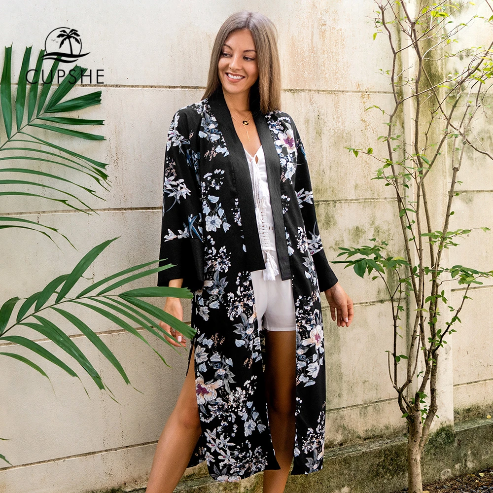 CUPSHE черный цветочный принт с длинным рукавом бикини накидка поясом халат накидки