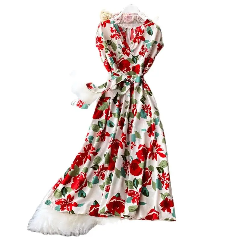 

Женское шифоновое платье в стиле ретро, элегантное платье до колен с V-образным вырезом и цветочным принтом, модель f309 в богемном стиле на ле...