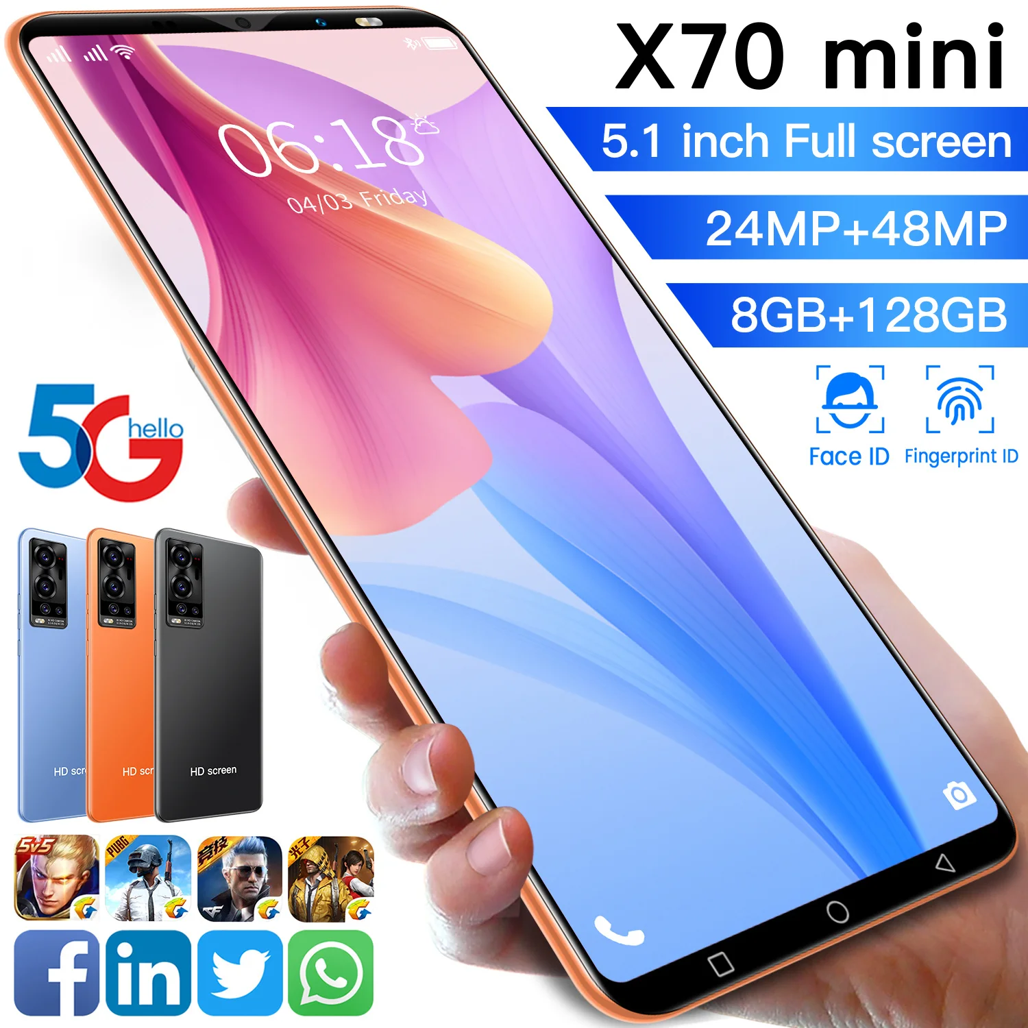 

New Arrival X70 mini 8 128GB ROM Smart Phone 24+48MP HD Camera Face Fingerprint ID Andriod Cell Phone Global Version Dual SIM+SD