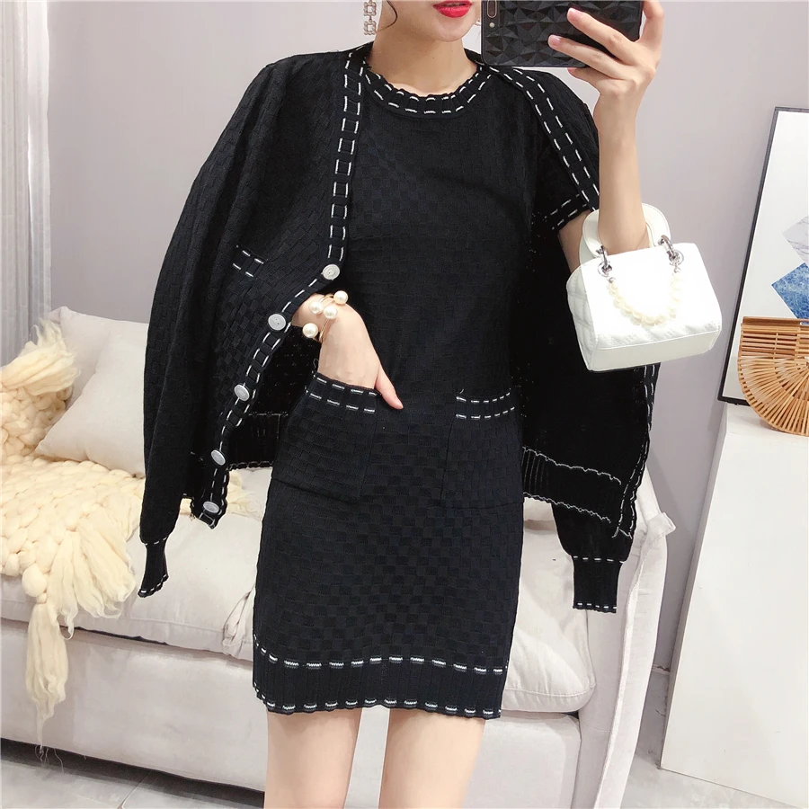 Женский комплект из 2 предметов пальто с V-образным вырезом и облегающее платье