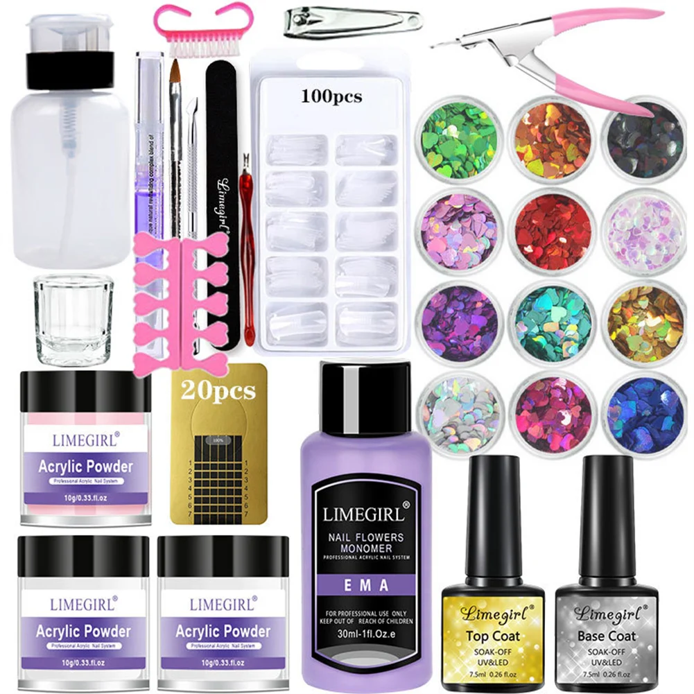 

Full Acrylic Powder Nail Kit With Base Top Coat Glitter Nail Starter For Nail Extension Carving Manicure Set And No Cured Needed