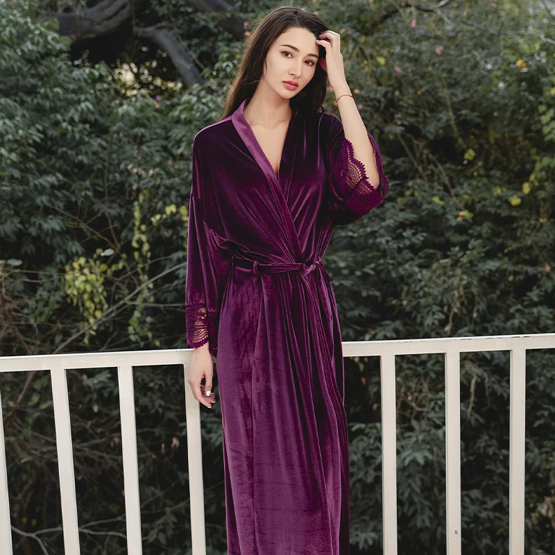 Bride Bridesmai Long Velvet Robes with Lace Robe for Women Party Soft Fuzzy  Wedding Homewear Bathrobe purple velvet robe
