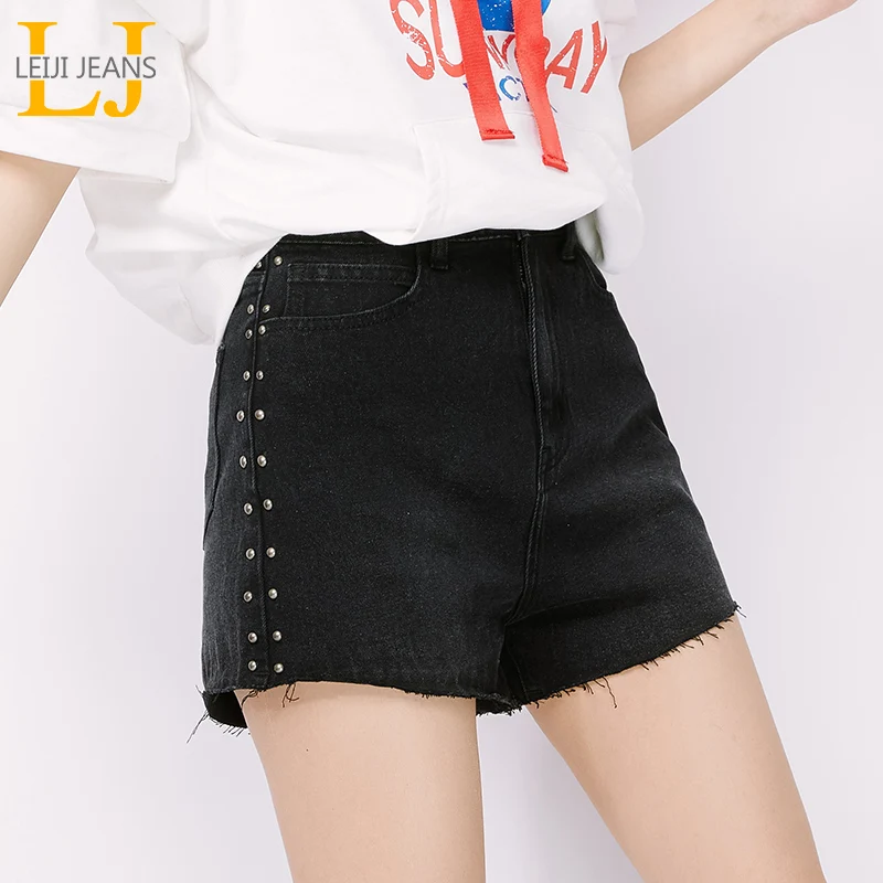 LEIJIJEANS новинка большой размер женские летние черные джинсовые шорты с боковой