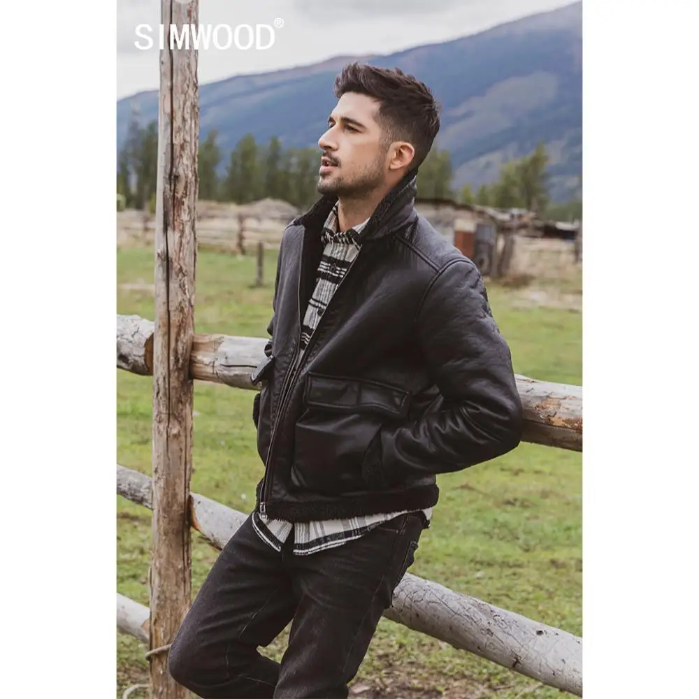 Мужская кожаная куртка бомбер SIMWOOD модная теплая флисовая внутренняя из