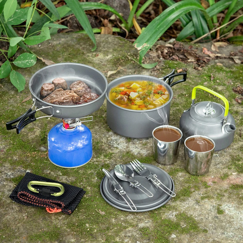 

Camping Cookware Outdoor Cooking Set Kettle Pot Pan Accessories for 2 to 3 People Outdoor Camping Travel Picnic Hiking Green
