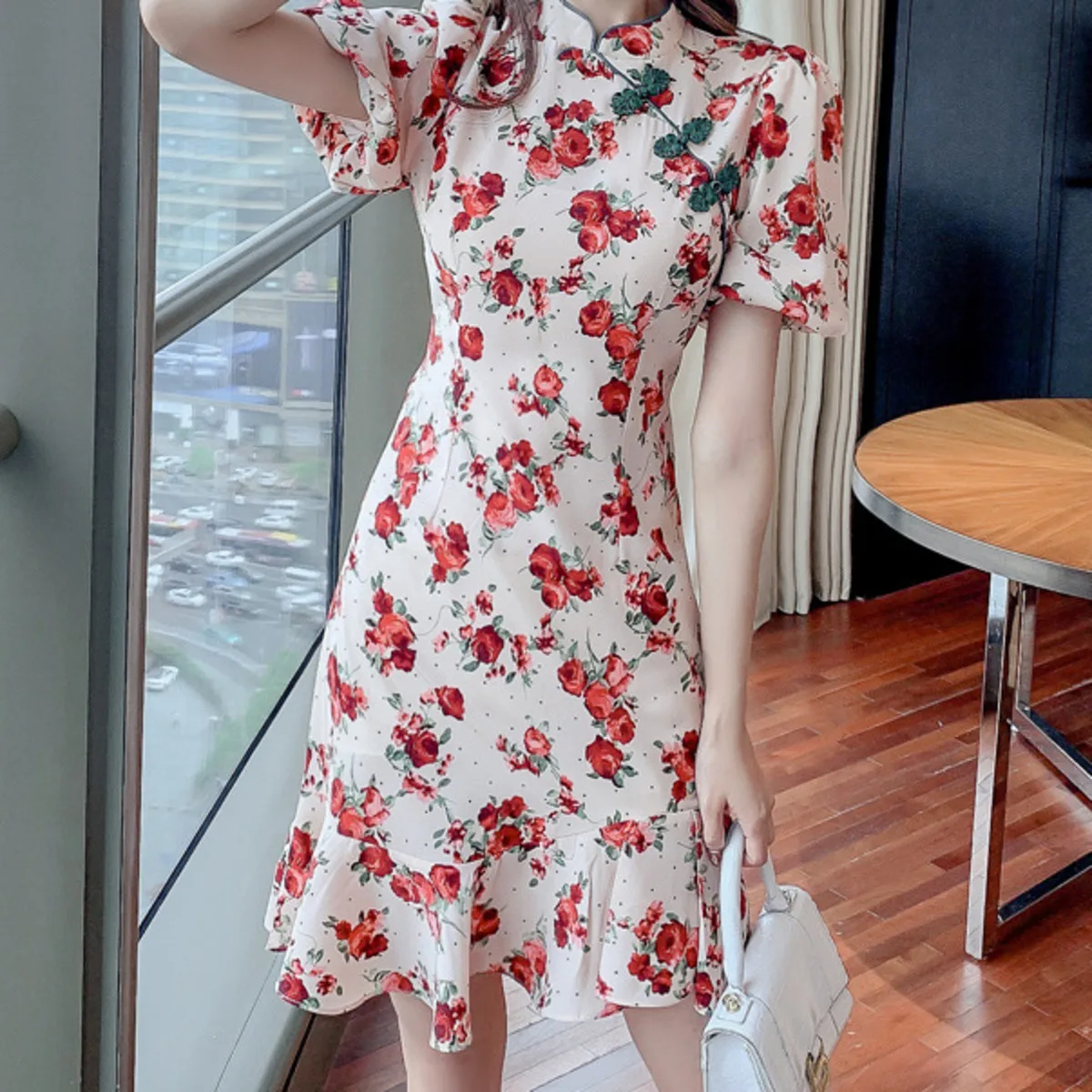 

Summer New Design Improvement Cheongsam Style Dress Women Temperament Short Chiffon Waist Slimming Sweet Floral Popular Dress