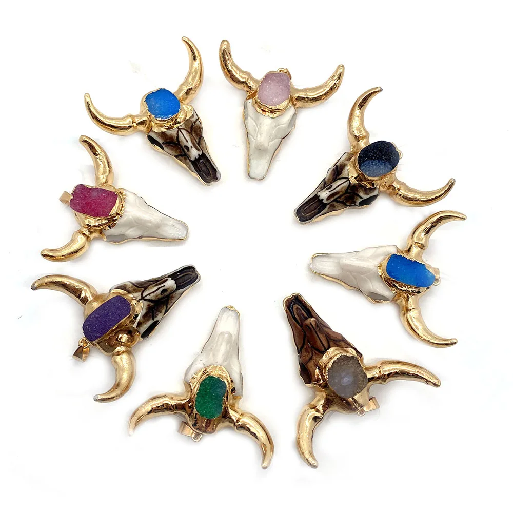 

1pcs Natural Stone Acrylic Pendant Necklace Jewelry Bull Head Shape DIY Making Necklace Earrings Accessories Charm Crafts