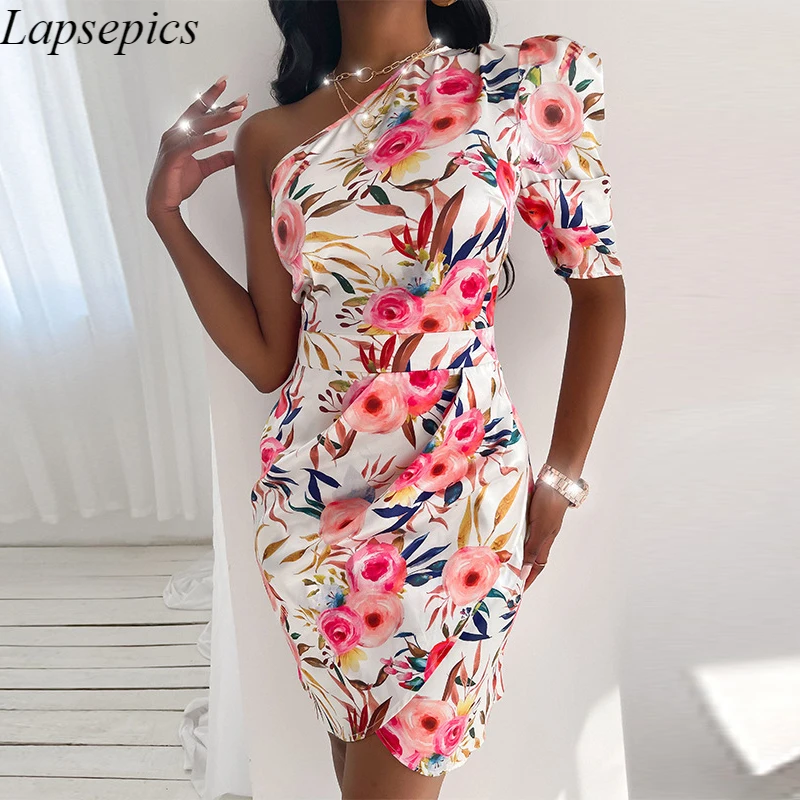 

One Shoulder Floral Print Bodycon Dress Women One Sleeve Summer Sexy Party Dresses