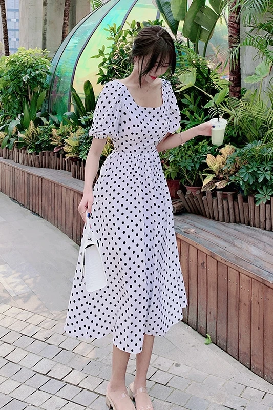 

Hebe&Eos Elegant Long Chiffon Dress Women Summer Dresses 2021 Beach Short Sleeve Hollow Out Square Collar Dot Print Vestidos