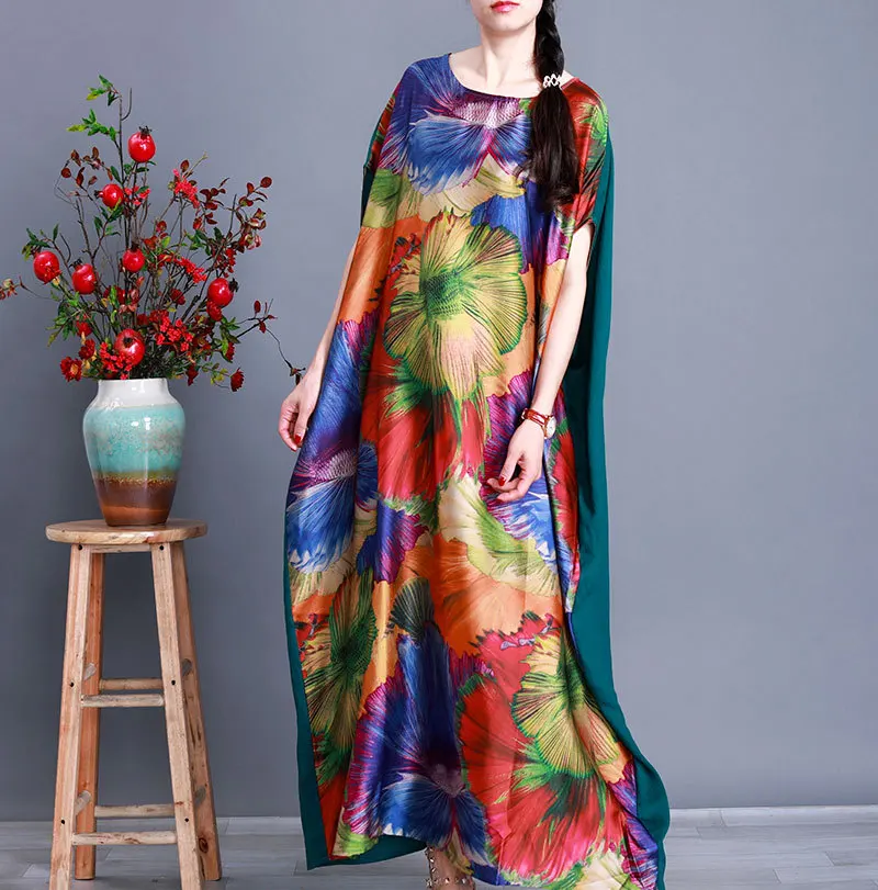 

Шелковое платье с рукавами летучая мышь, пэчворк с индивидуальным принтом, модная Асимметричная длинная юбка для полных мм, принтин, больши...