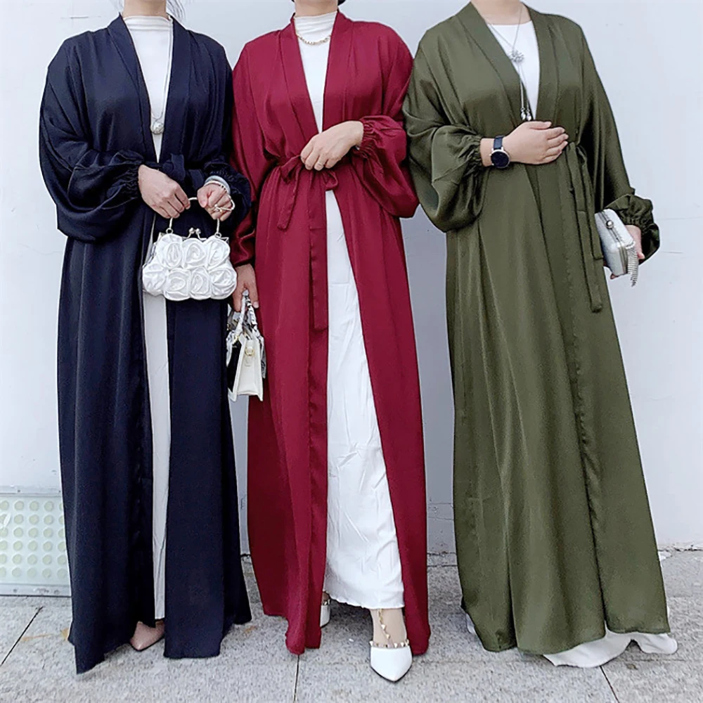 

ИД кафтан простой сатин открытая абайя кимоно мусульманский хиджаб платье Рамадан Абая для женщин Дубай скромный Саудовский Арабский исла...