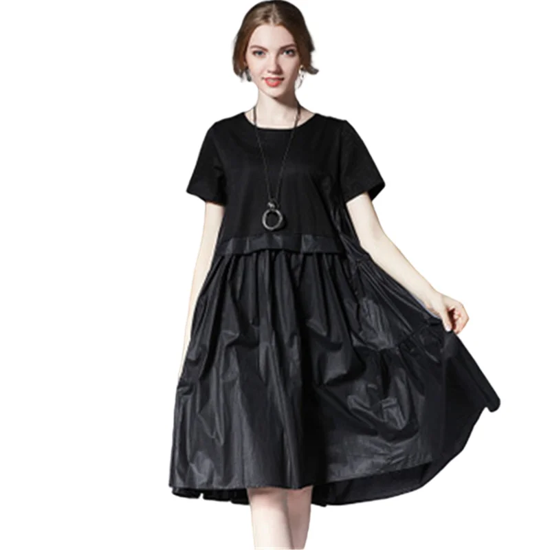 

Women's summer cotton dress loose big size O-neck short-sleeved solid color mid-length sun dress Vestido robe feminine XL-4XL