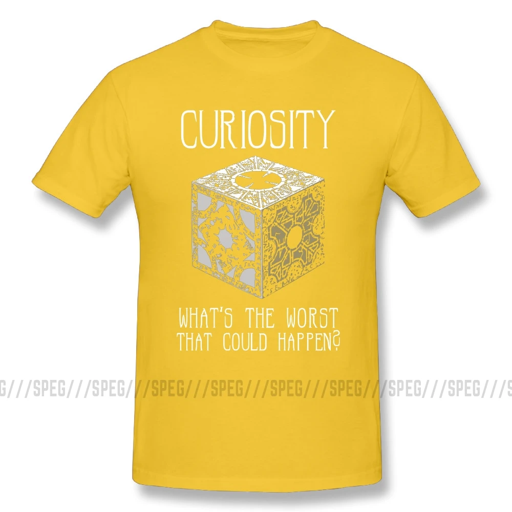 Мужские футболки из хлопка с коротким рукавом и рисунком из мультфильма "curiousity Killed Hellraiser", большая скидка, мужские футболки с круглым вырезом - Цвет: Цвет: желтый
