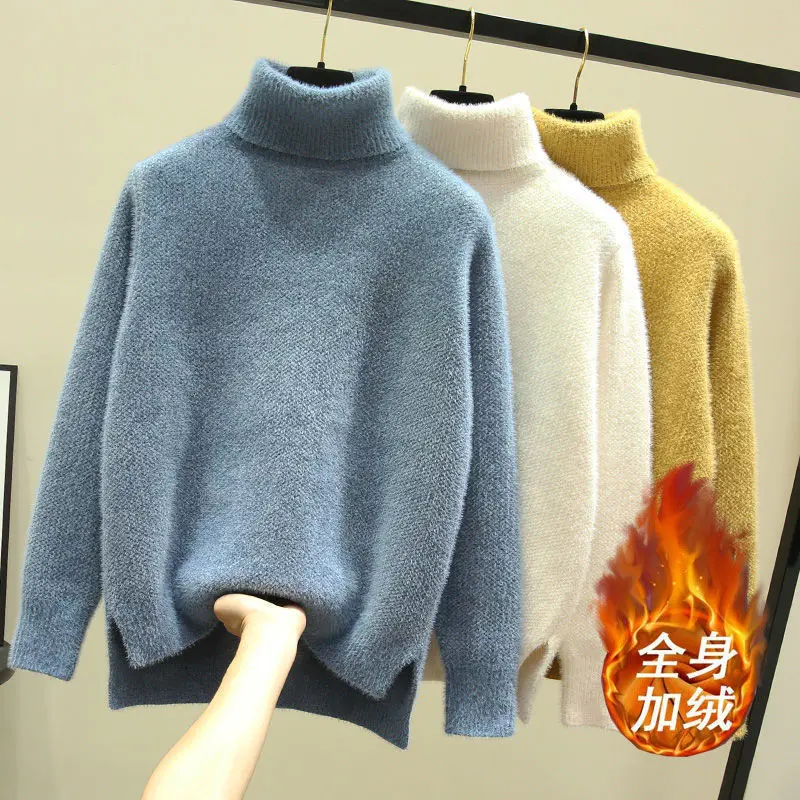 Женский бархатный свитер с высоким воротником повседневный облегающий пуловер