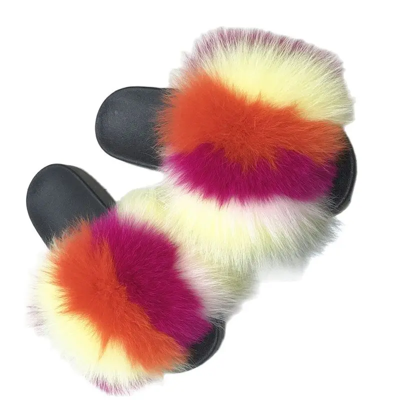 Женские шлепанцы из натурального Лисьего меха на плоской подошве|Тапочки| |