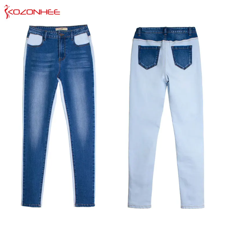 Модные двухцветные женские джинсы стрейч со строчкой эластичные облегающие
