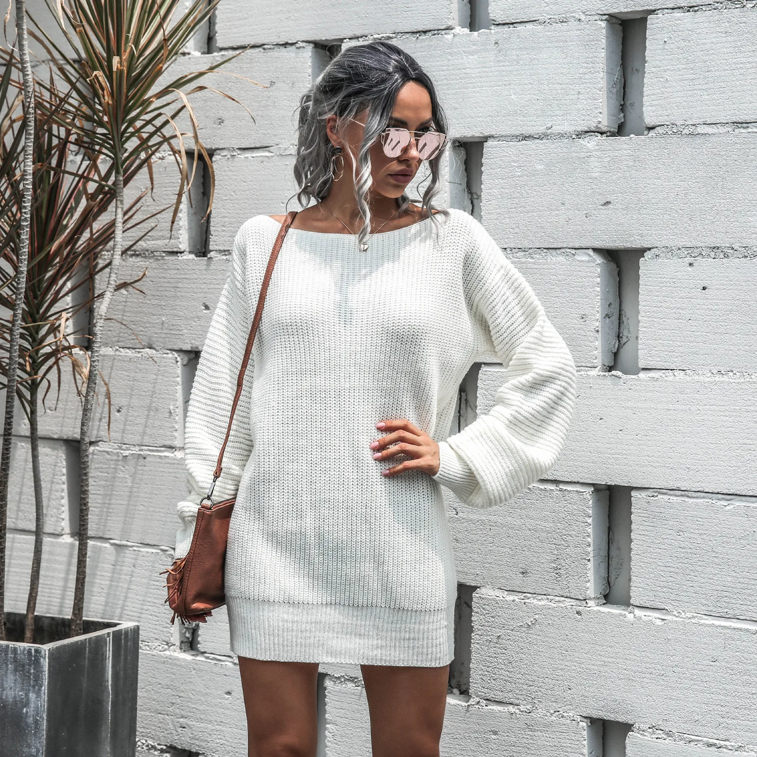 

Women's 2020 autumn and winter dress European and American casual off-shoulder lantern sleeve knitted sweater dress
