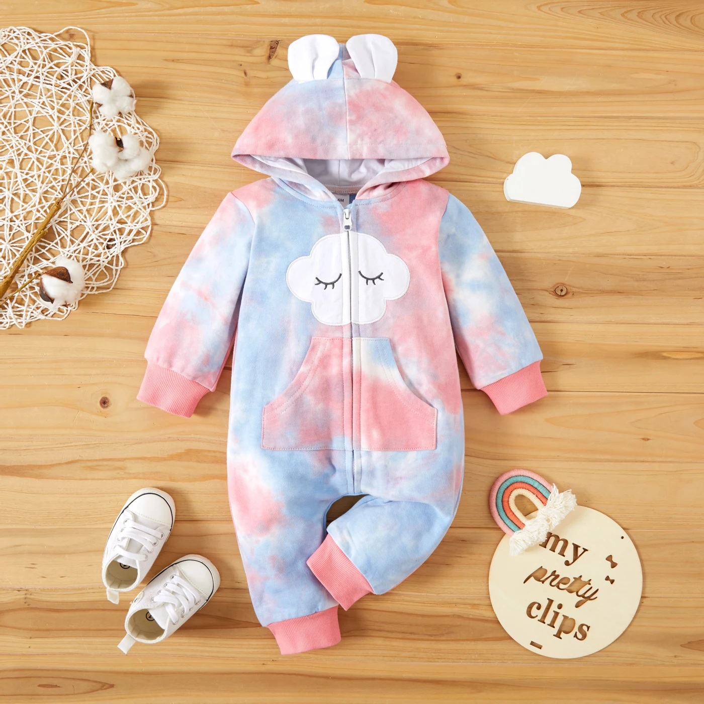 

PatPat 100% Cotton Tie Dye 3D Ears Long-sleeve Hooded Baby Jumpsuit