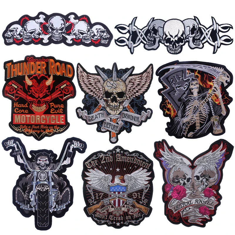 

Rock Motorcycle Skull Big Patch Rose Skull Embroidery Biker Stripes Iron/Sew On Patches For Clothes Punk Eagle DIY Jacket Badges