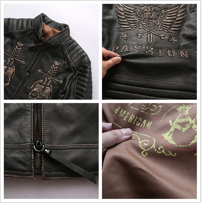 

Men's Genuine Leather Jacket Skull Cowhide Coat Spring Autumn Motorcycle Leather Jackets for Men