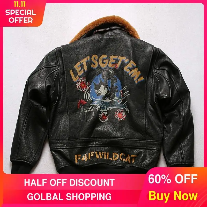 

2021 Black Pilot Leather Jacket Men Military Style Plus Size 3XL Remove Collar Genuine Natural Cowhide Autumn Short Aviator Coat