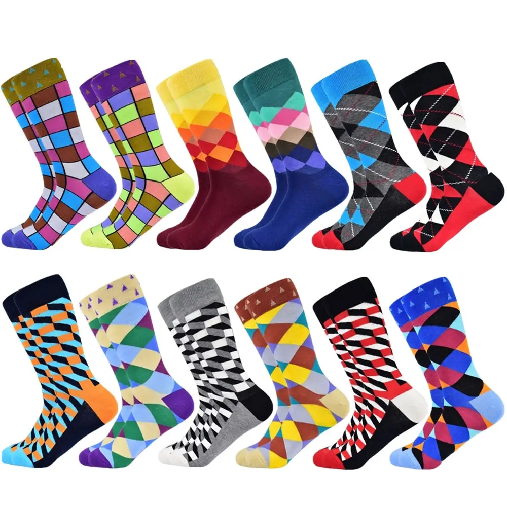 12 pairs socks-18 Популярные мужские носки из чесаного хлопка подарки для мужчин клетчатые геометрические повседневные мужские носки Цветные счастливые мужские носки - Цвет: 12 pairs socks-18