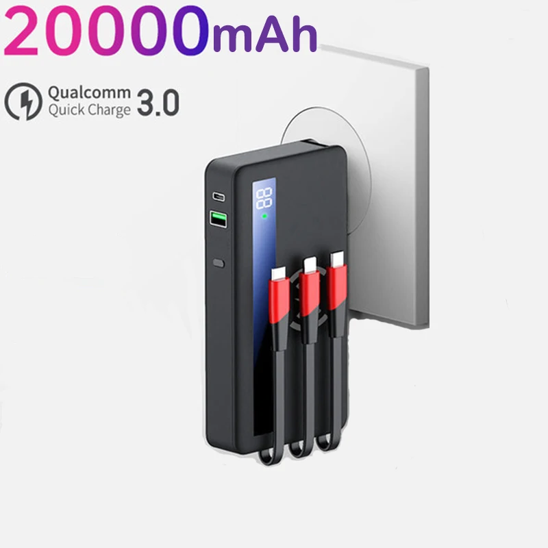 

4 in 1 20000mAh Power Bank 10W Qi Wireless Charger Powerbank Built in Cable Plug PD 22.5W Fast Charger for iPhone Xiaomi Samsung