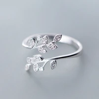 personality silver color crystal leaf rings for women wedding jewelry adjustable antique finger ring accessories