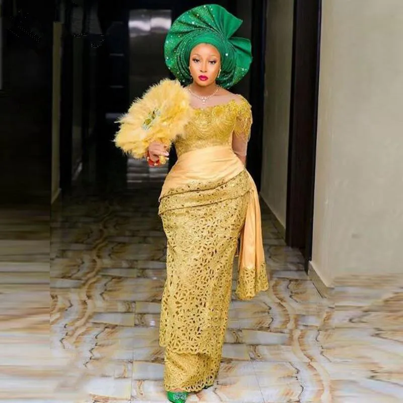 

Gold Lace Mermaid Evening Dress Aso Ebi Style Nigerian Prom Dresses Long Floor Length African Women Party Gowns Custom Made